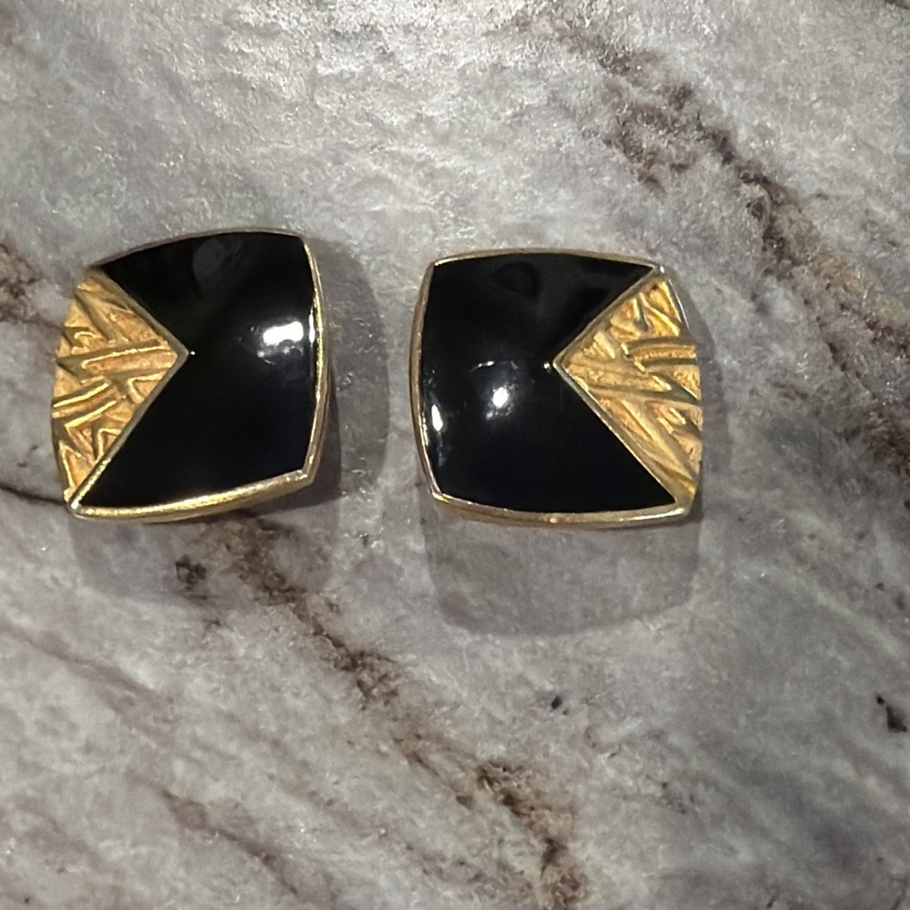Vtg Edgar Berebi Black / Yellow Enamel Gold Tone Abstract 1" Clip On Earrings